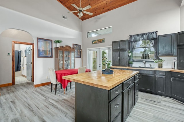 kitchen with french doors, sink, decorative backsplash, butcher block countertops, and wood ceiling