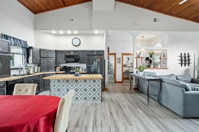 kitchen with wooden ceiling, high vaulted ceiling, black appliances, sink, and butcher block counters