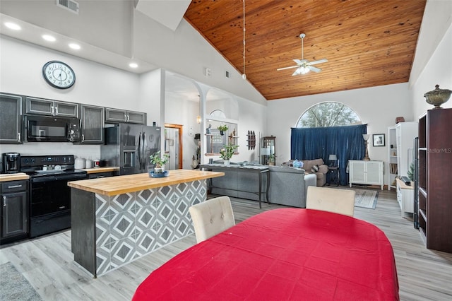 dining space with light hardwood / wood-style floors, high vaulted ceiling, ceiling fan, and wooden ceiling