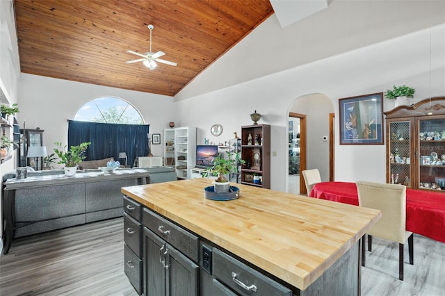 kitchen featuring butcher block counters, ceiling fan, light hardwood / wood-style flooring, high vaulted ceiling, and wood ceiling