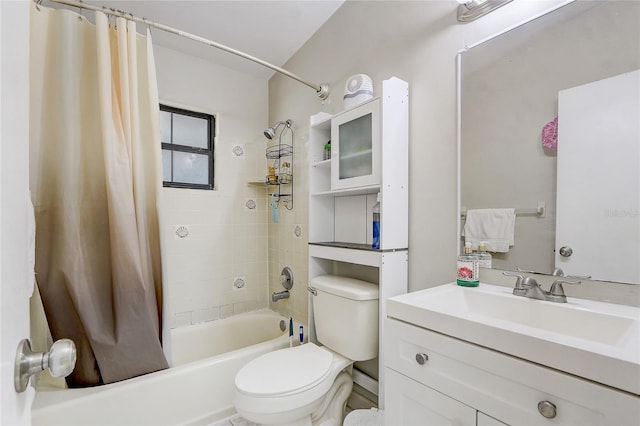 full bathroom with vanity, shower / bathtub combination with curtain, and toilet