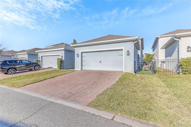 view of front of home with a front yard and a garage