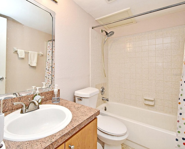 full bathroom with shower / bath combo, vanity, and toilet