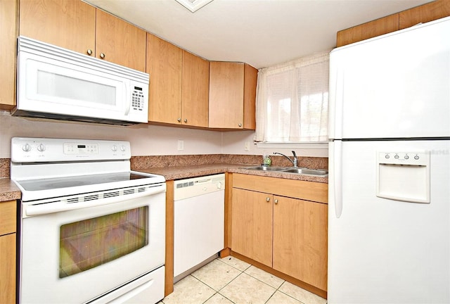 kitchen with sink, white appliances, and light tile patterned flooring