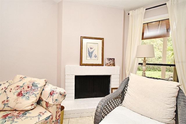 living room featuring a fireplace