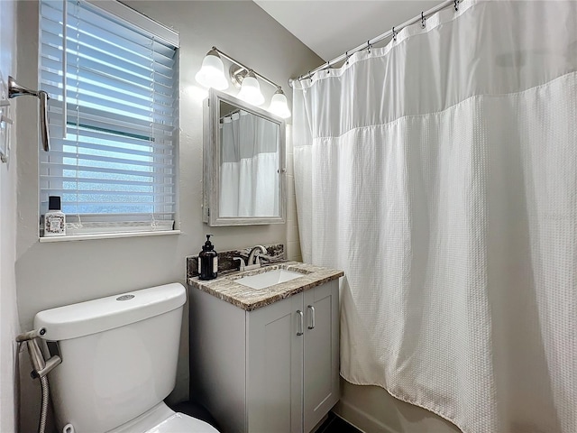 full bathroom featuring vanity, toilet, and shower / tub combo with curtain