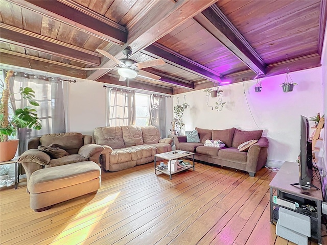 living room with beamed ceiling, light hardwood / wood-style floors, ceiling fan, and wooden ceiling