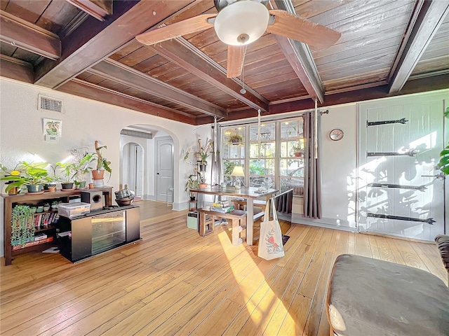 interior space featuring beamed ceiling, ceiling fan, light wood-type flooring, and wooden ceiling