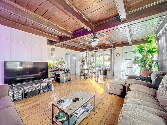 living room with ceiling fan, beamed ceiling, wood ceiling, and hardwood / wood-style flooring