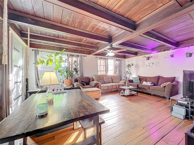 living room with ceiling fan, beamed ceiling, wooden ceiling, and wood-type flooring