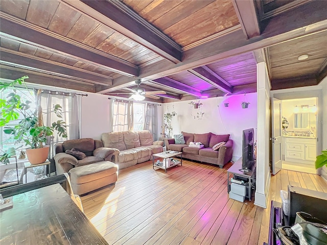 living room with beamed ceiling, ceiling fan, wooden ceiling, and hardwood / wood-style flooring