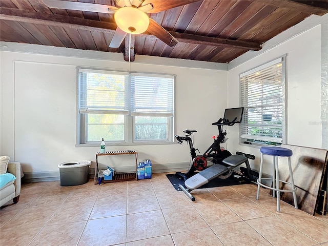 workout room with tile patterned floors, a healthy amount of sunlight, ceiling fan, and wooden ceiling