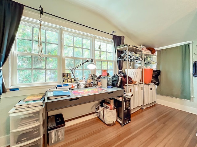 interior space with wood-type flooring and lofted ceiling