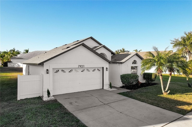 view of front of property with a garage and a front lawn