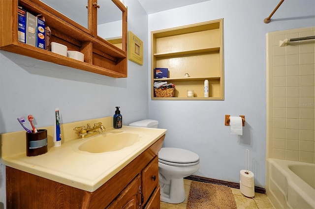 full bathroom featuring built in shelves, tile patterned floors,  shower combination, toilet, and vanity