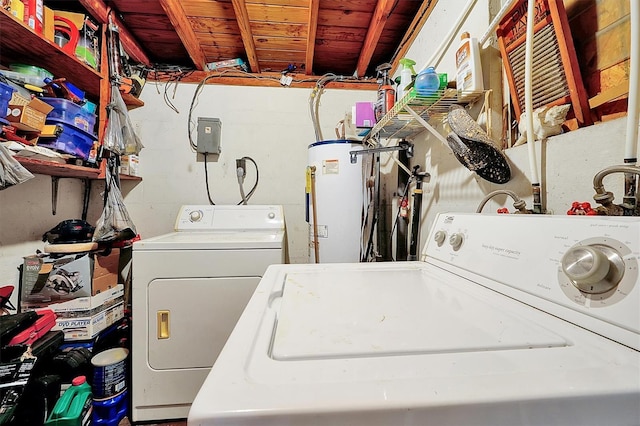 laundry room featuring water heater and washer and clothes dryer