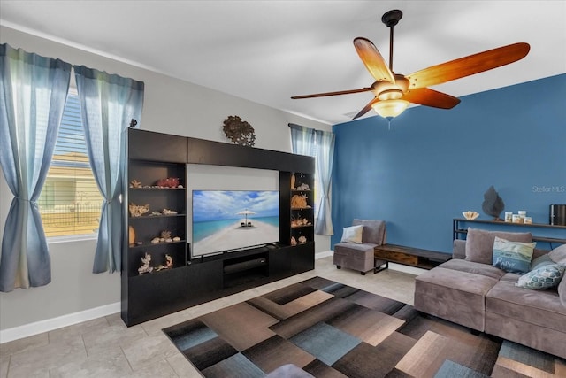 living room with ceiling fan