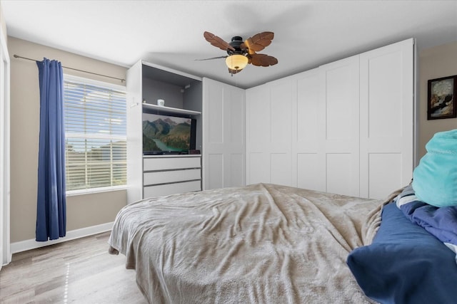 bedroom featuring ceiling fan and light hardwood / wood-style floors