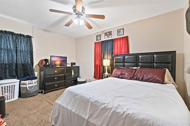 bedroom with ceiling fan and light colored carpet