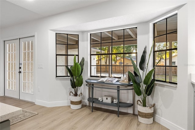 doorway to outside with light wood-type flooring, french doors, and a healthy amount of sunlight