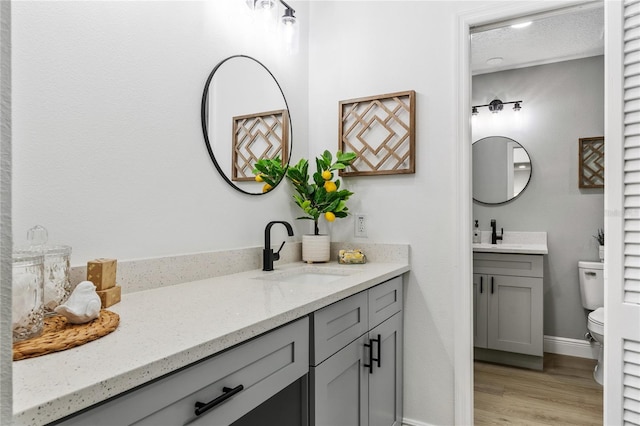 bathroom featuring toilet, a textured ceiling, wood-type flooring, and vanity