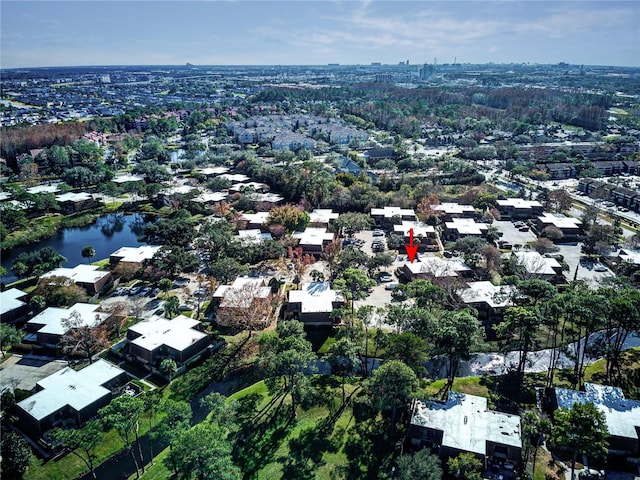 aerial view featuring a water view