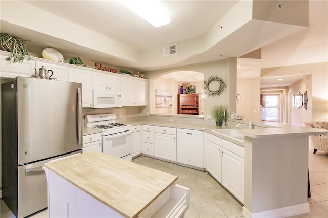 kitchen featuring white cabinetry, sink, white appliances, and kitchen peninsula