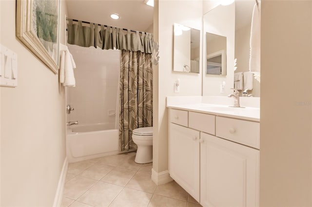 full bathroom with vanity, shower / bath combination with curtain, tile patterned floors, and toilet