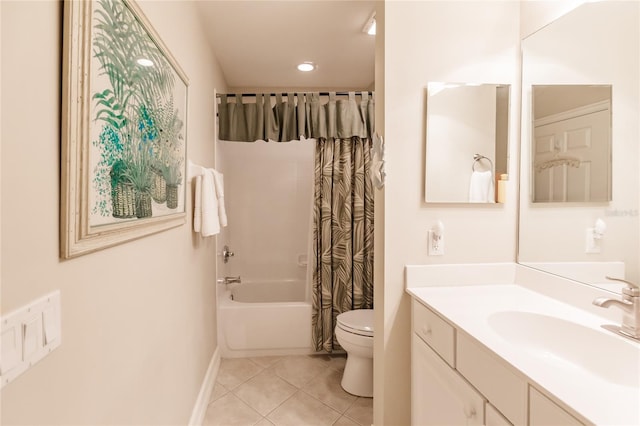 full bathroom with tile patterned floors, toilet, shower / tub combo, and vanity