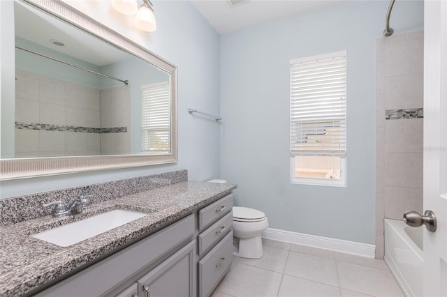 full bathroom featuring toilet, vanity, tiled shower / bath, and tile patterned flooring