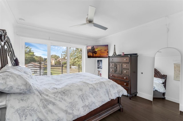 bedroom featuring ceiling fan, crown molding, access to outside, and dark wood-type flooring