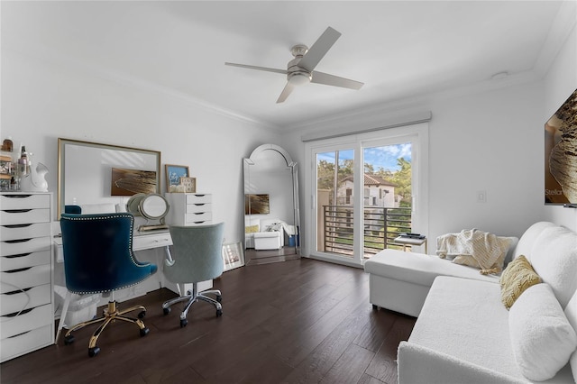 office space with dark hardwood / wood-style flooring, ceiling fan, and crown molding