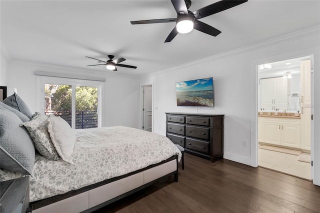 bedroom featuring connected bathroom, dark wood-type flooring, ceiling fan, and crown molding