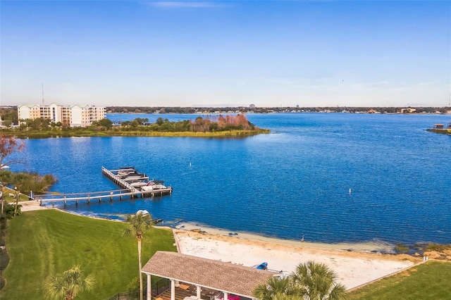 view of water feature with a dock