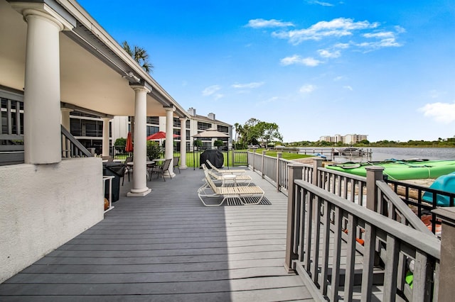 deck with a water view