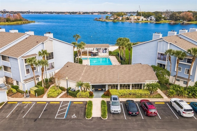 drone / aerial view featuring a water view