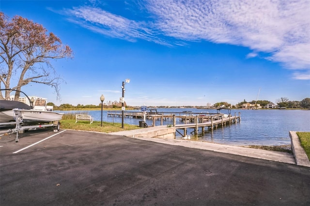 view of dock with a water view