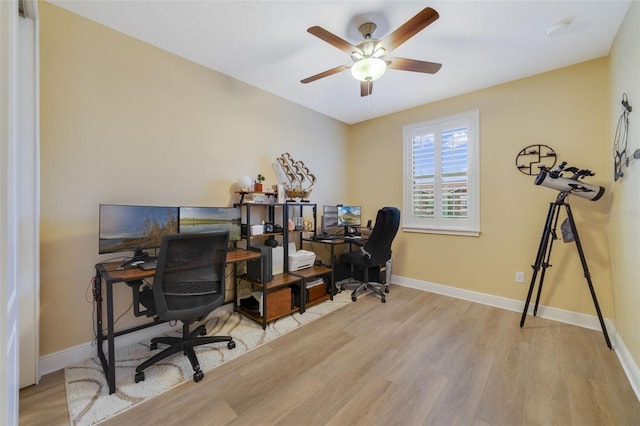 office area featuring ceiling fan and light wood-type flooring