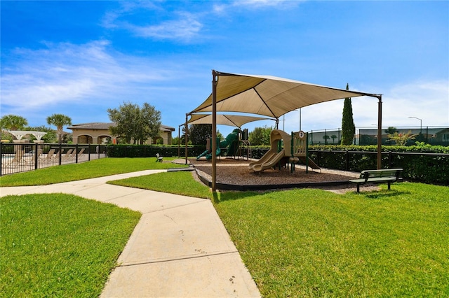 view of jungle gym with a yard