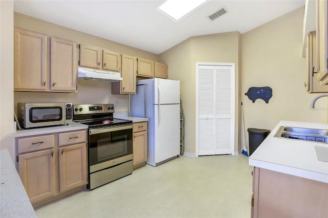 kitchen featuring appliances with stainless steel finishes, sink, and light brown cabinets