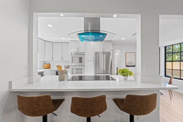 kitchen with island exhaust hood, white cabinetry, kitchen peninsula, and stainless steel appliances