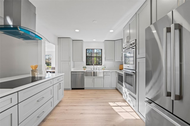 kitchen with sink, stainless steel appliances, wall chimney range hood, light hardwood / wood-style flooring, and gray cabinets