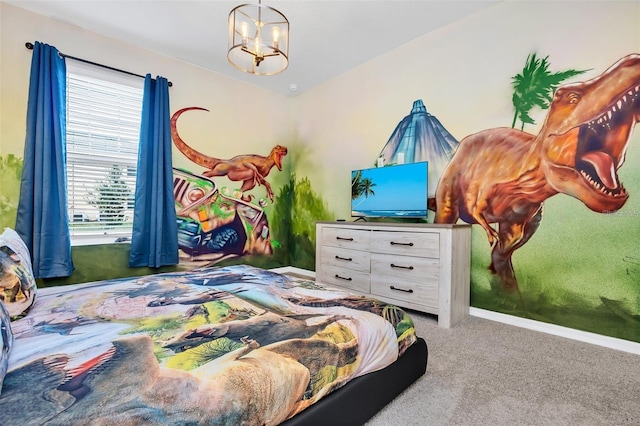 carpeted bedroom with a notable chandelier