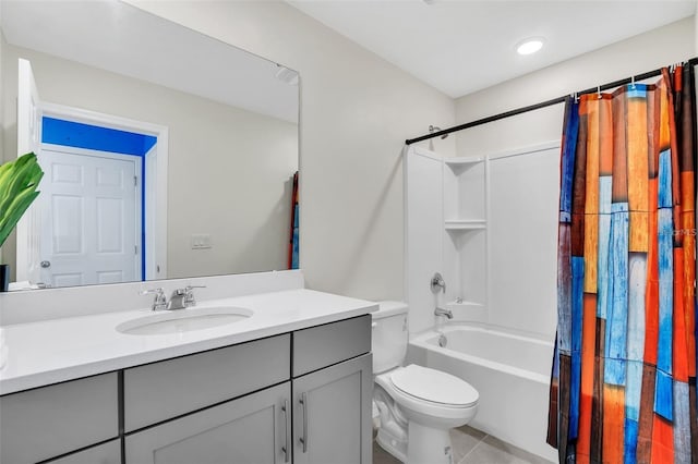 full bathroom with toilet, tile patterned floors, vanity, and shower / tub combo with curtain