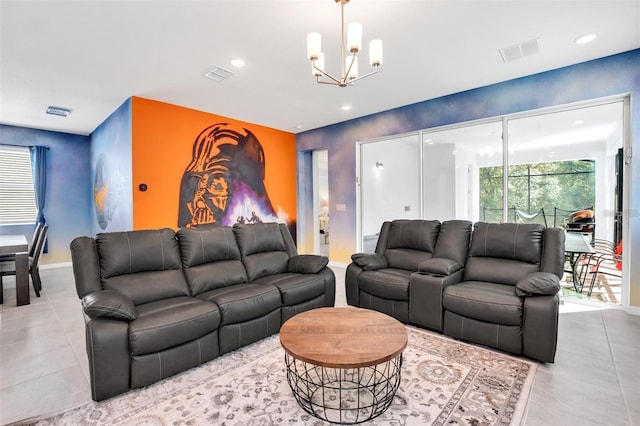 tiled living room with an inviting chandelier