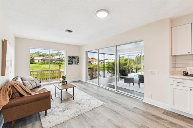 living room with a textured ceiling, light wood-type flooring, a water view, and a healthy amount of sunlight