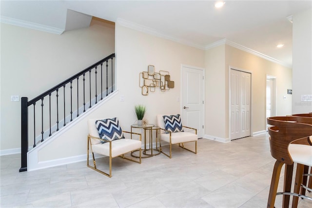 living area with crown molding and light tile patterned flooring