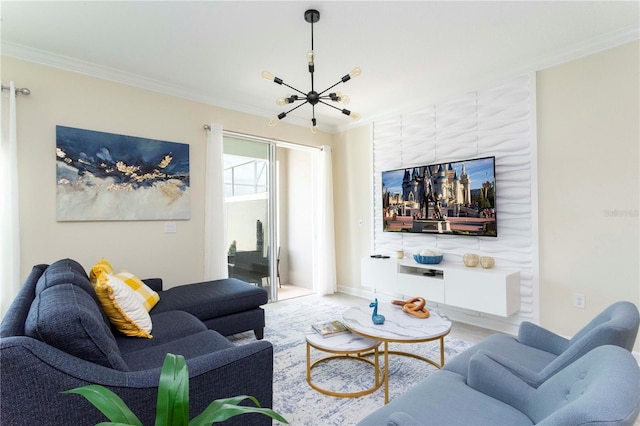 living room with crown molding and an inviting chandelier