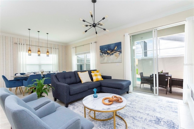 tiled living room featuring plenty of natural light, crown molding, and a chandelier