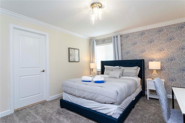 bedroom featuring carpet flooring and crown molding